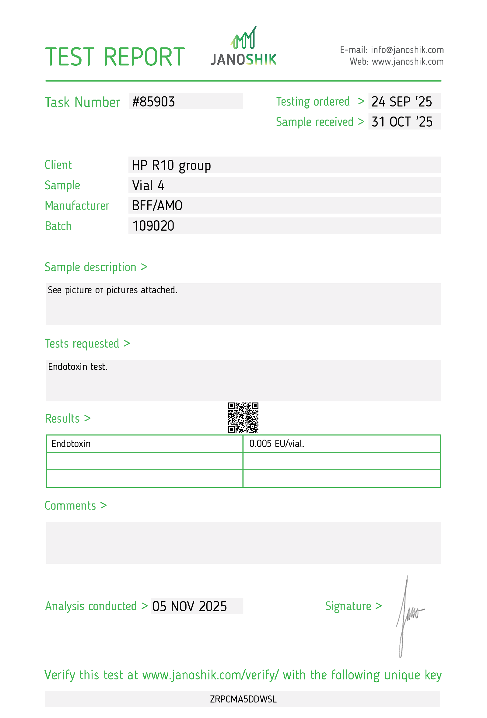 Certificate for Vial 4