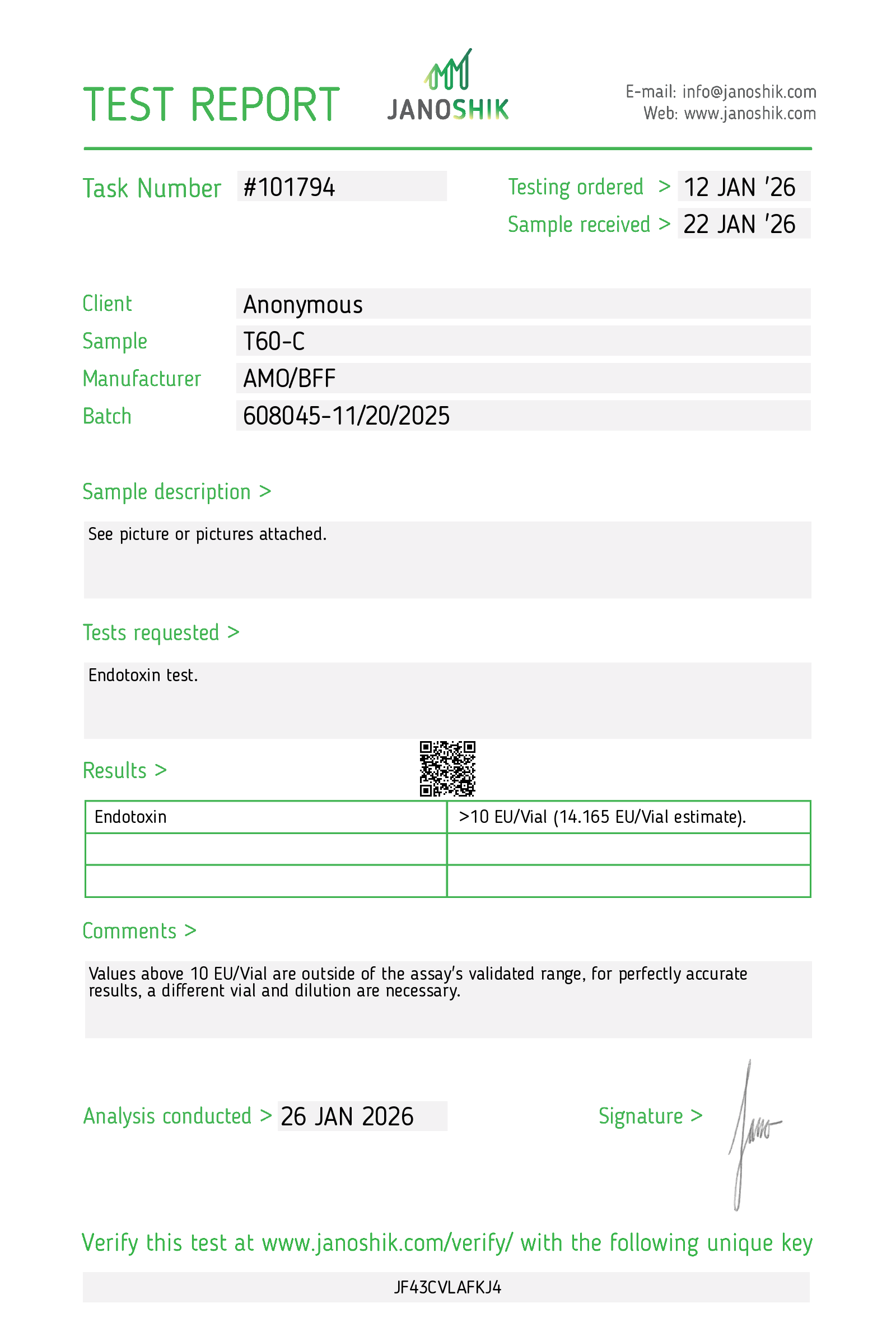 Certificate for T60-C